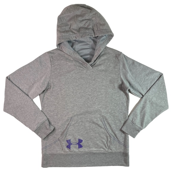 Under Armour Tops - Under Armour Hoodie Womens Large Hooded Sweatshirt Gray Front Pocket Purple Logo